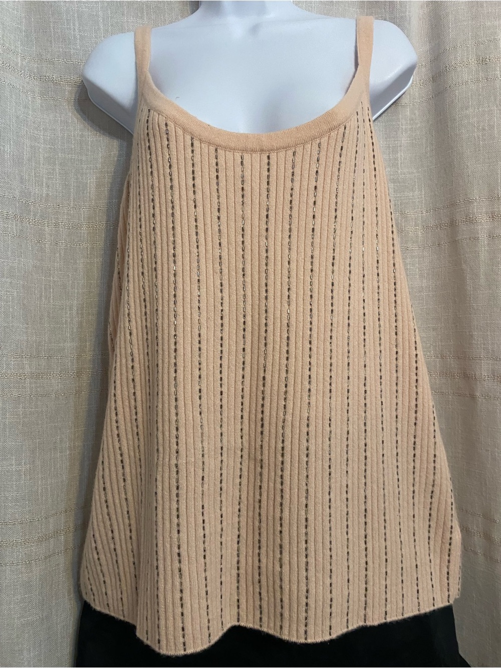 ST. JOHN Beaded Ribbed Cashmere Knit Tank Top Pink Peach Size XL
